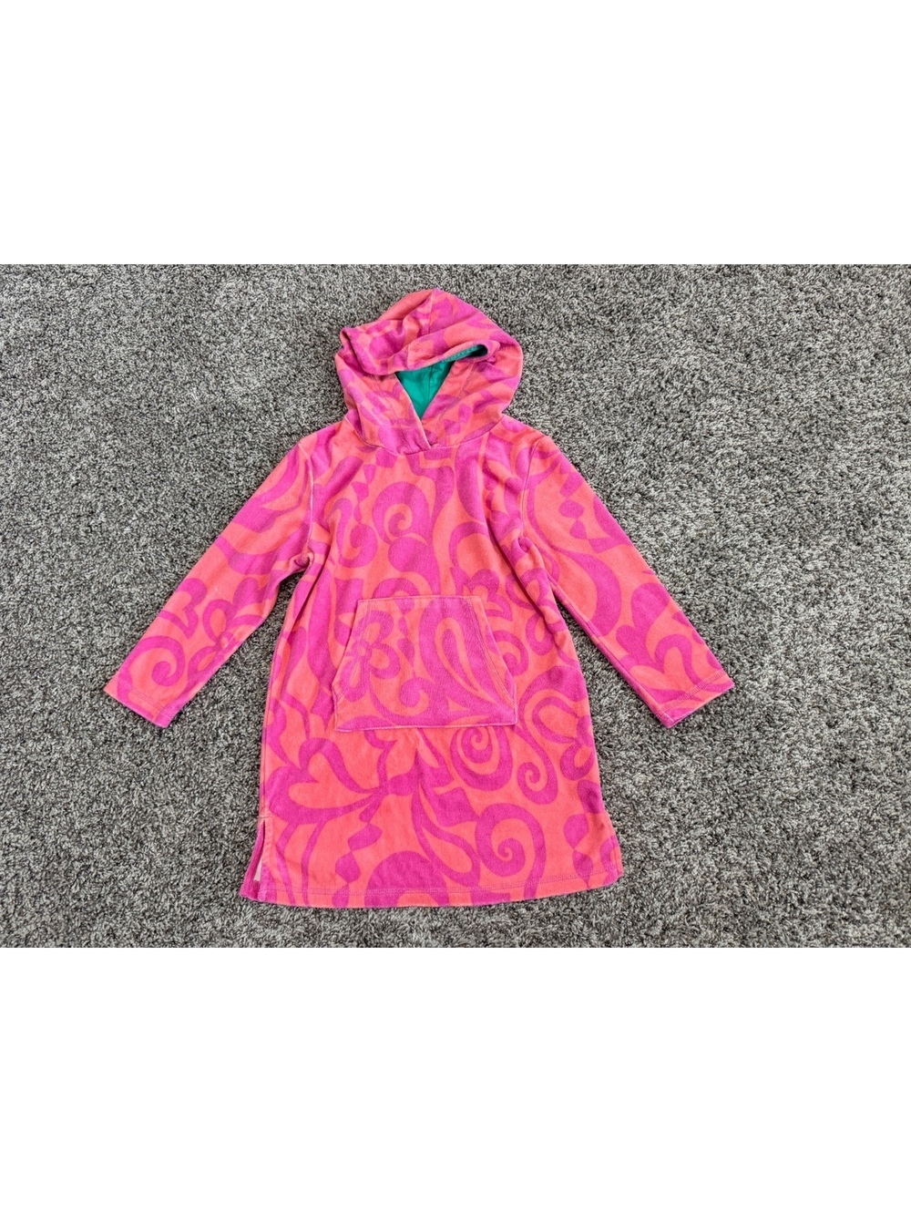 Mini Boden Long Sleeve Hooded Pink/Orange Terry Cloth Cover Up Dress Size 6-7